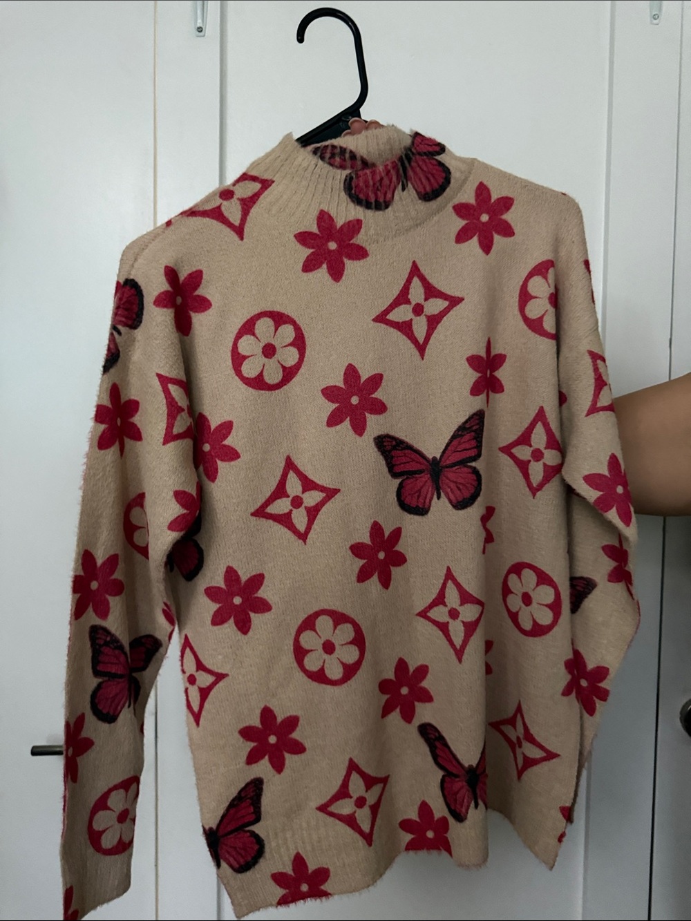 Butterfly & Floral Knit Sweater - Pink on Beige